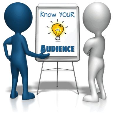 two clip art people figures looking at flipchart, moving hands, to words: Know your audience, and a lightbulb