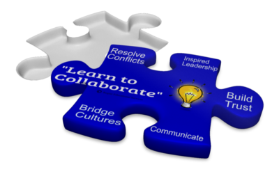 A blue puzzle piece with the words "resolve conflicts", "learn to collaborate", "Inspired Leadership", "build trust", "bridge cultures" and "communicate"