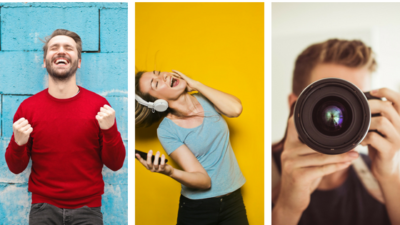 an image of a person smiling, an image of a person singing, and an image of a person taking a photo