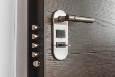 Door with handle, lock mechanism and key