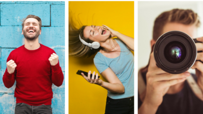 an image of a person smiling, an image of a person singing, and an image of a person taking a photo