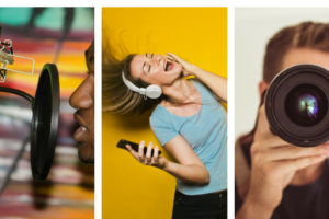 an image of a person smiling, an image of a person singing, and an image of a person taking a photo