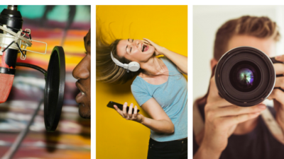 an image of a person smiling, an image of a person singing, and an image of a person taking a photo