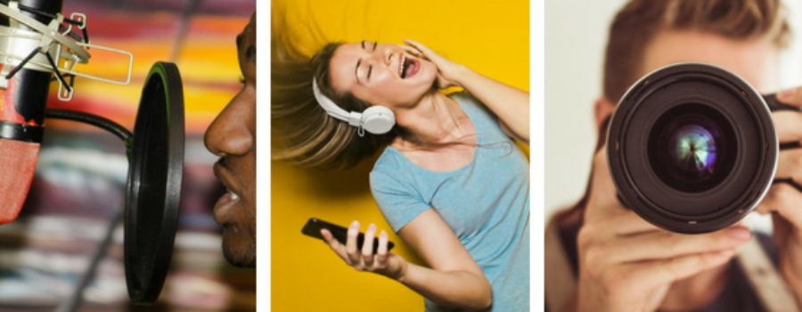 an image of a person smiling, an image of a person singing, and an image of a person taking a photo