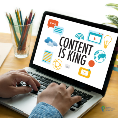 hands typing on laptop, words on screen 'Content is King'.