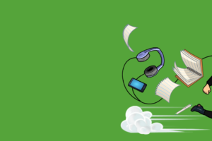 Bitemoji picture of person running, headset, book, phone, papers.