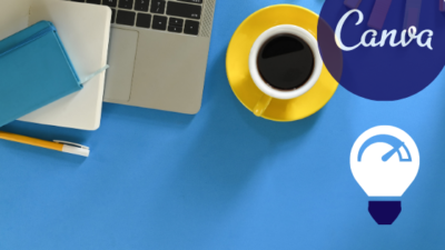 blue desk top, laptop, yellow coffee cup