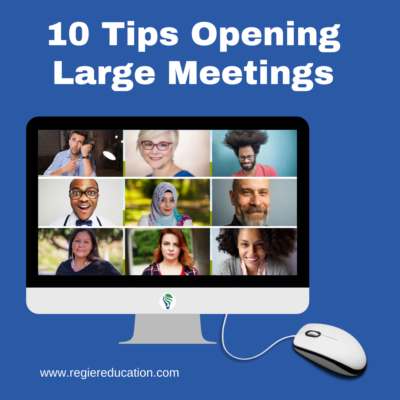 title 10 tips opening large meetings with a computer showing 9 people and a computer mouse