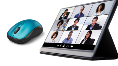 Multiple people on a zoom call displayed on a tablet screen