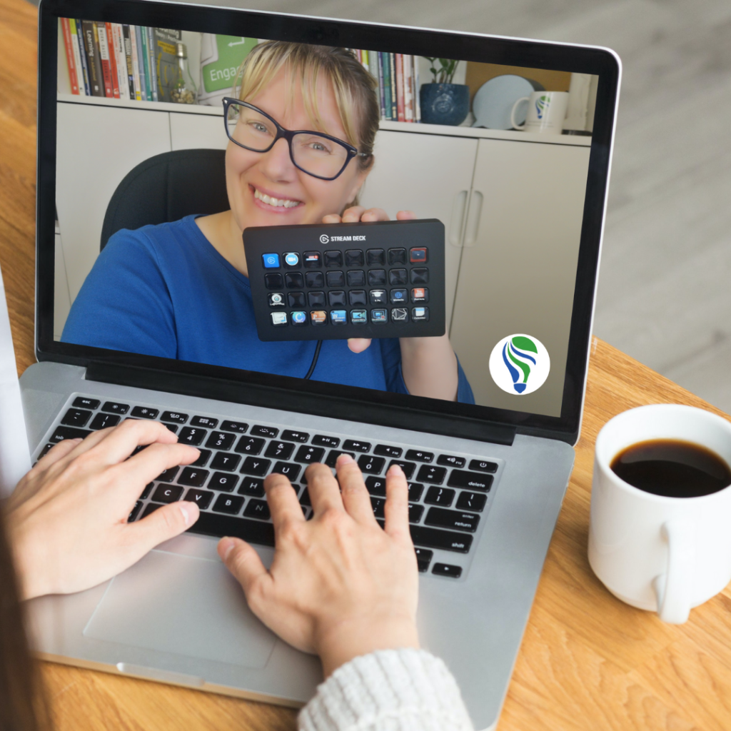 Photo from Canva. Hands typing on laptop keyboard, cup of coffee on table. Patricia holding Stream Deck, on the laptop screen.