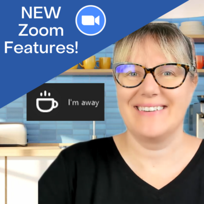 New Zoom Features image of woman with I'm away icon against a kitchen backdrop