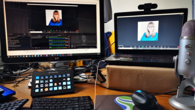 two computer screens zoom and obs