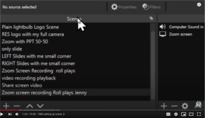image of the scenes screen in OBS
