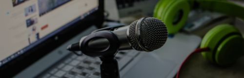 laptop, microphone, green headphones