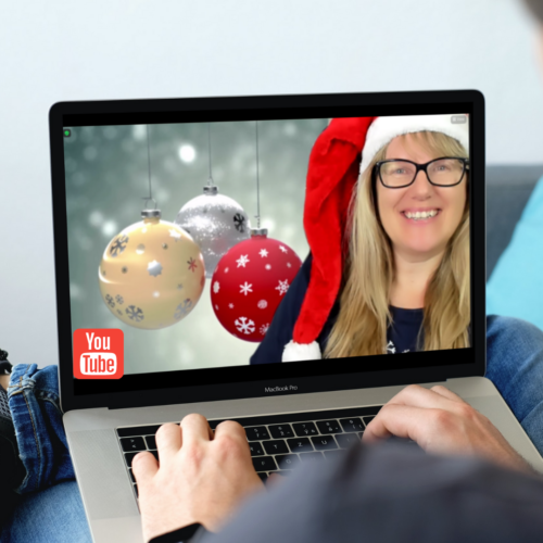 image of Patricia Regier on computer screen wearing christmas hat with YouTube logo