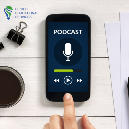 image of phone showing podcast on screen & Regier educational services logo