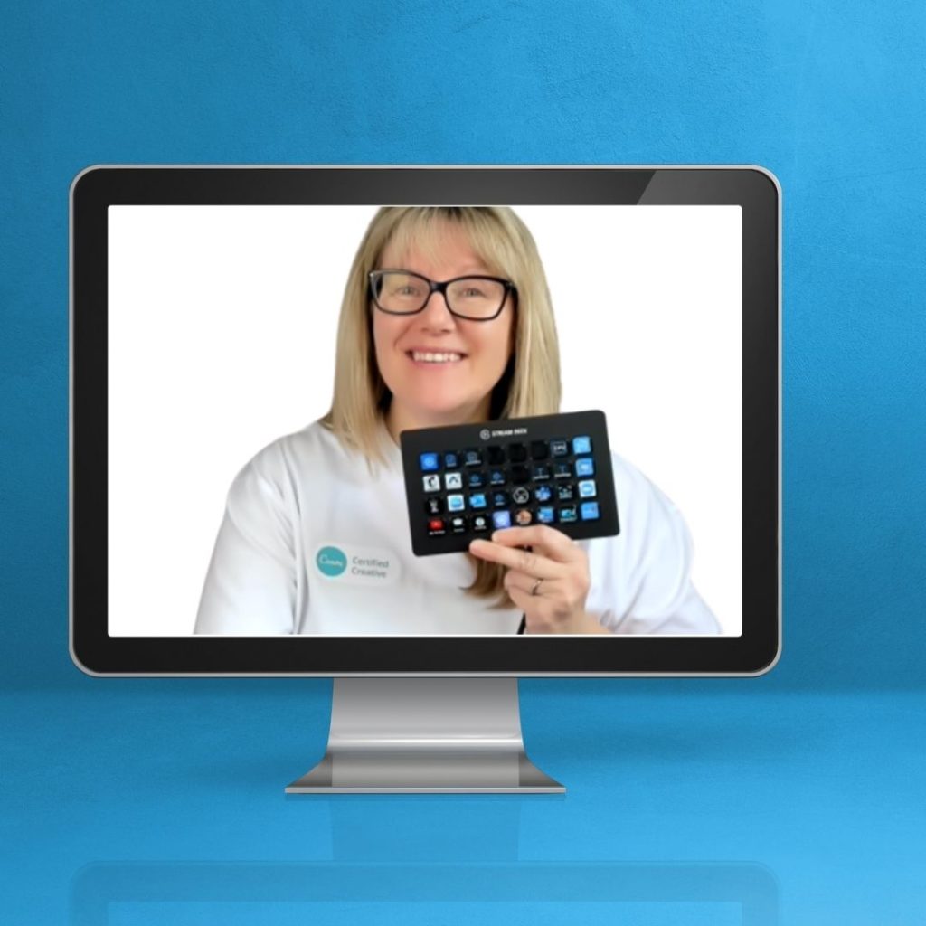 Patricia holding stream deck, within a computer screen and wearing a Canva shirt