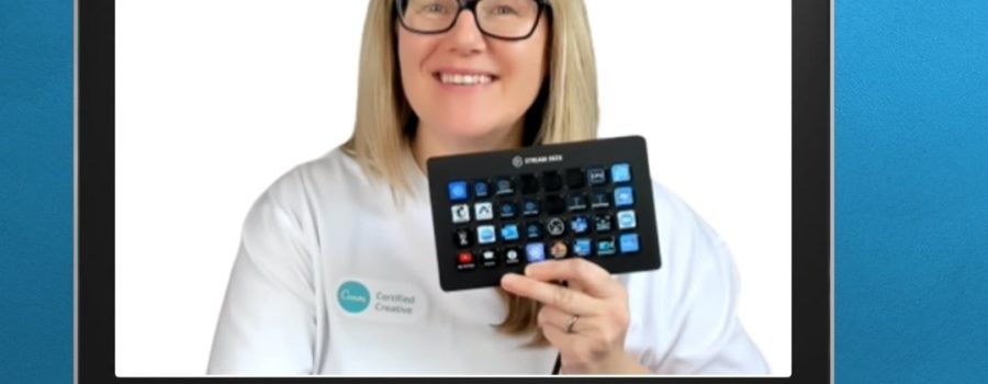 Patricia holding stream deck, within a computer screen and wearing a Canva shirt