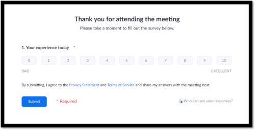 image of screenshot of Zoom end of meeting survey with Patricia Regier