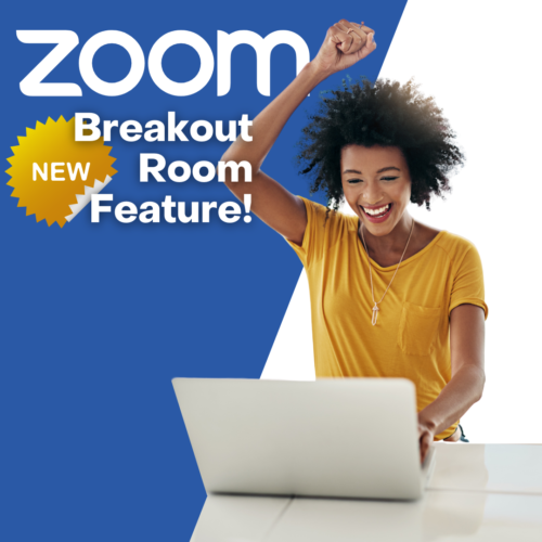 image of woman with laptop happy about new Zoom Breakout Rooms Feature