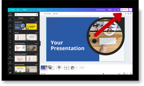 other ways to share presentation and slides in Canva. Arrow pointing to top right