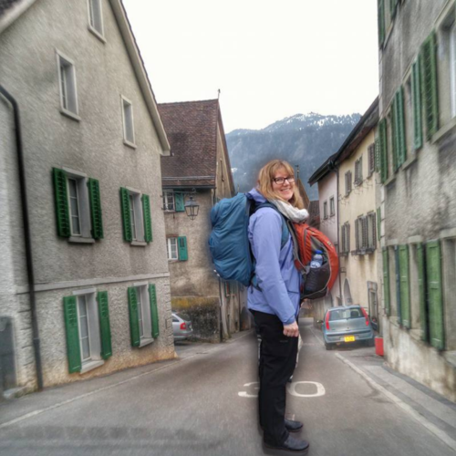Patricia in Europe with backpacks