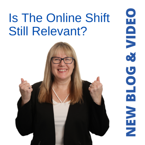 visual image of Patricia Regier excited with the line "Is the Online Shift Still Relevant? New Blog & Video
