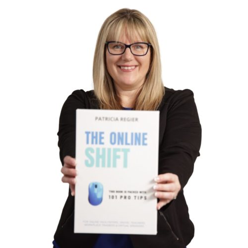 Patricia holding a larger scale book cover of The Online Shift