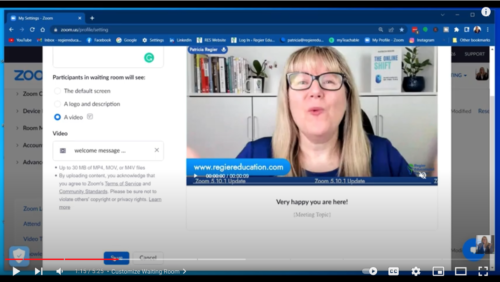 image is screenshot of Zoom waiting room options with Patricia Regier adding avideo