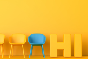 Friendly zoom waiting room yellow walls yellow chairs a blue chair and the word hi