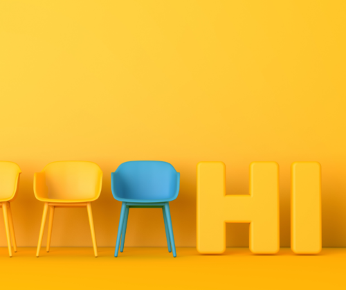 Friendly zoom waiting room yellow walls yellow chairs a blue chair and the word hi