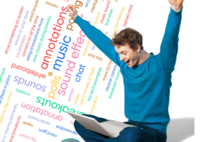 menti word cloud and guy holding handing in air, smiling looking at laptop