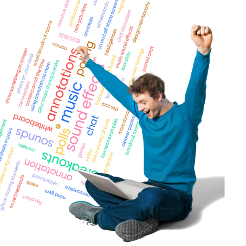 menti word cloud and guy holding handing in air, smiling looking at laptop