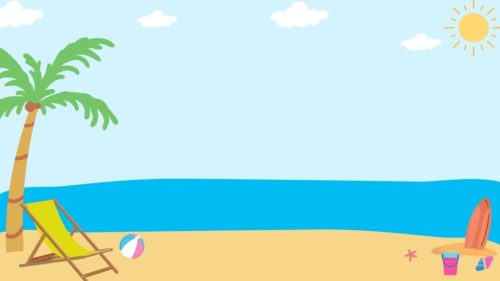 a cartoon image of a beach with palm tree, lawn chair, beach ball and surfboard