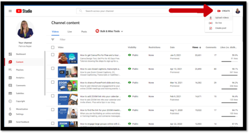 where to upload in YouTube top right, beside your channel photo or icon