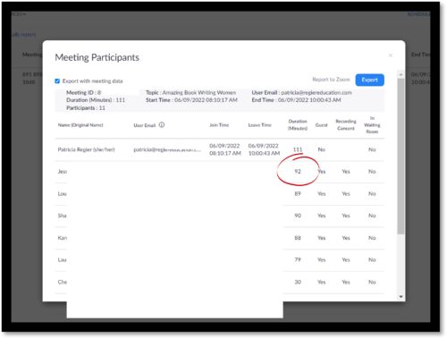 zoom report showing number of minutes each participant attended