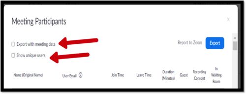 Zoom reports showing unique users