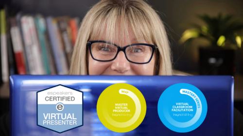 certification badges on laptop and Patricia smiling