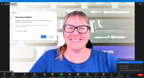 image of Patricia Regier in the background and in the foreground is the screen that shows how to start Focus Mode in Zoom
