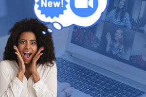 image of an open laptop in the background with a woman looking excited and a thought bubble with the Zoom icon and new in a circle to show new Zoom features