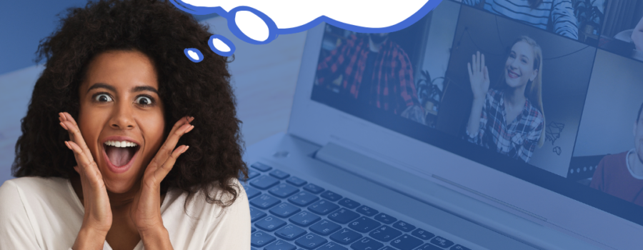 image of an open laptop in the background with a woman looking excited and a thought bubble with the Zoom icon and new in a circle to show new Zoom features