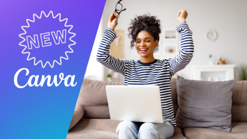 New in Canva person raising hands and looking at laptop