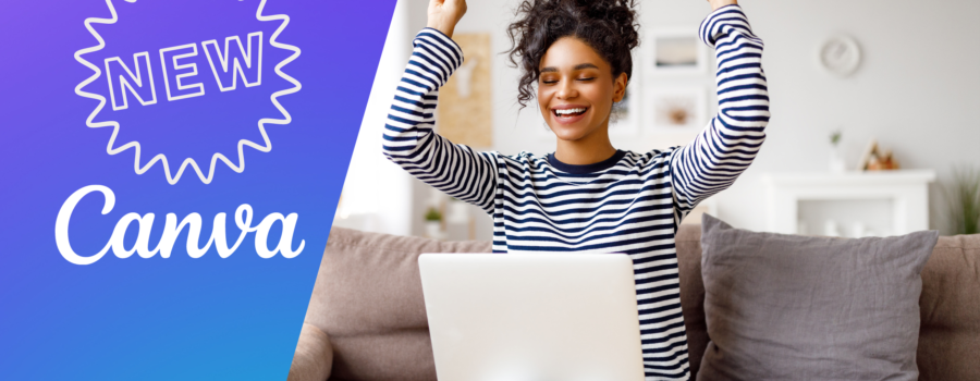 New in Canva person raising hands and looking at laptop