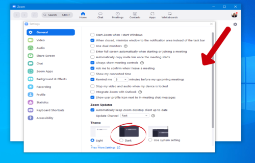 image of Zoom settings and how to start Dark Mode