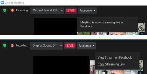 image of a Zoom setting screen showing how to live stream to Facebook