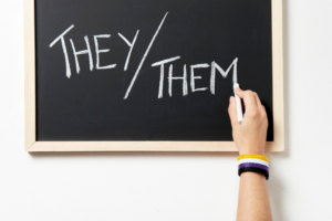 Zoom Pronouns chalk board and hand with chalk writing they/them