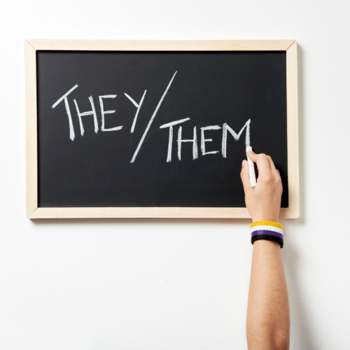 Zoom Pronouns chalk board and hand with chalk writing they/them