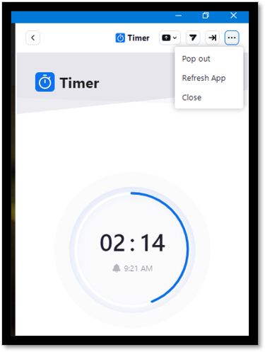 Options top right of Zoom Timer App with 3 dots, Pop Out, Refresh and Close