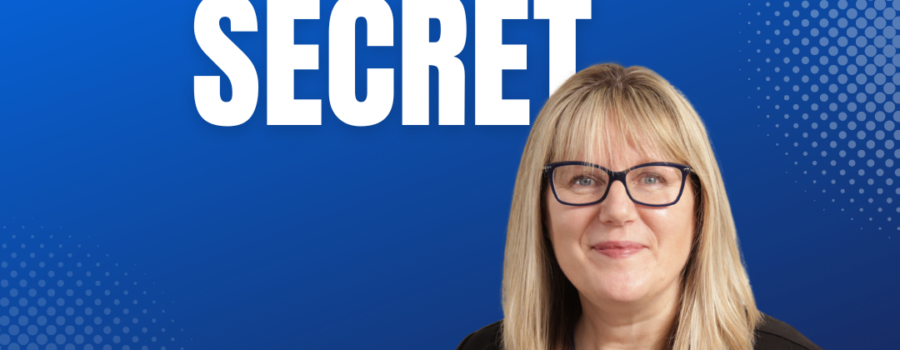 PowerPoint Secret (words) and Patricia in a black jacket and blue top and blond hair, with glasses