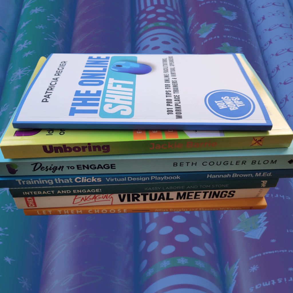 Books stacked listed within blog wrapping paper behind the books